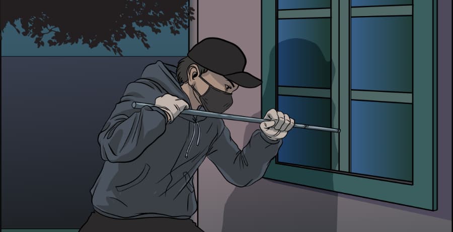 Illustration of burglar forcing entry through a window in Tampa